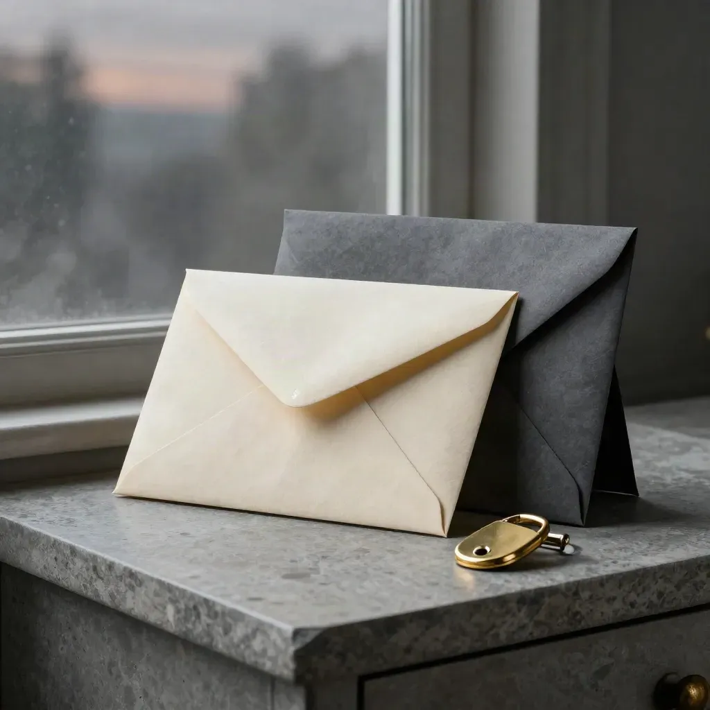 Reply envelope, courier sleeve and brass opener on stone sideboard in late twilight mist.