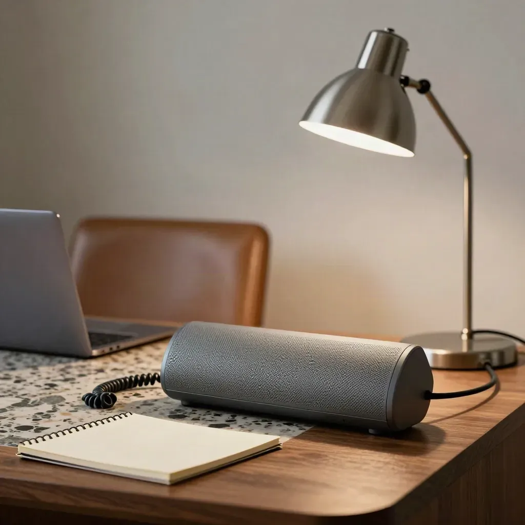 Speakerphone, closed laptop, blank notepad and lamp in a calm law consultation room.