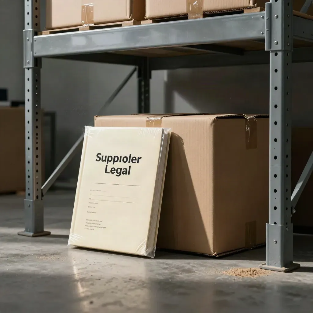Sealed legal pack beside two parcels on a warehouse shelf, low dramatic industrial view.