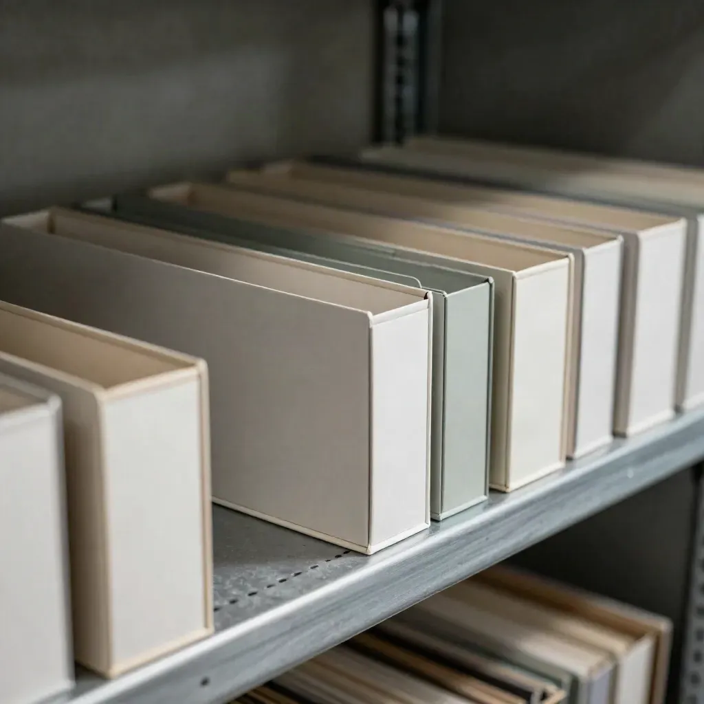High-angle close-up of archive boxes aligned on steel shelving in a quiet records room.