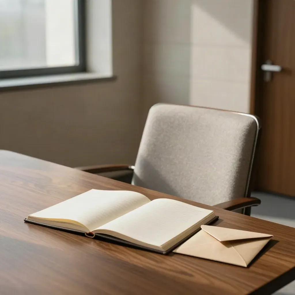 Empty slate chair, open notes book and closed envelope in a quiet conference room.