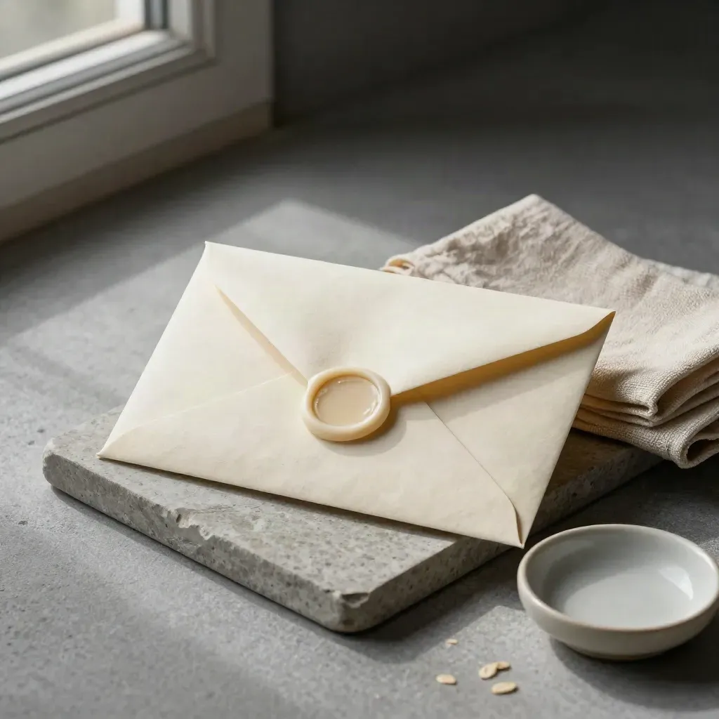 Cream envelope sealed with ivory wax on a stone tray beside a folded cloth