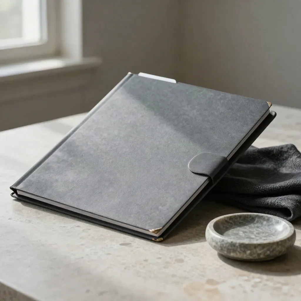 Closed slate personnel folder with charcoal cloth and stone dish on pale limestone.