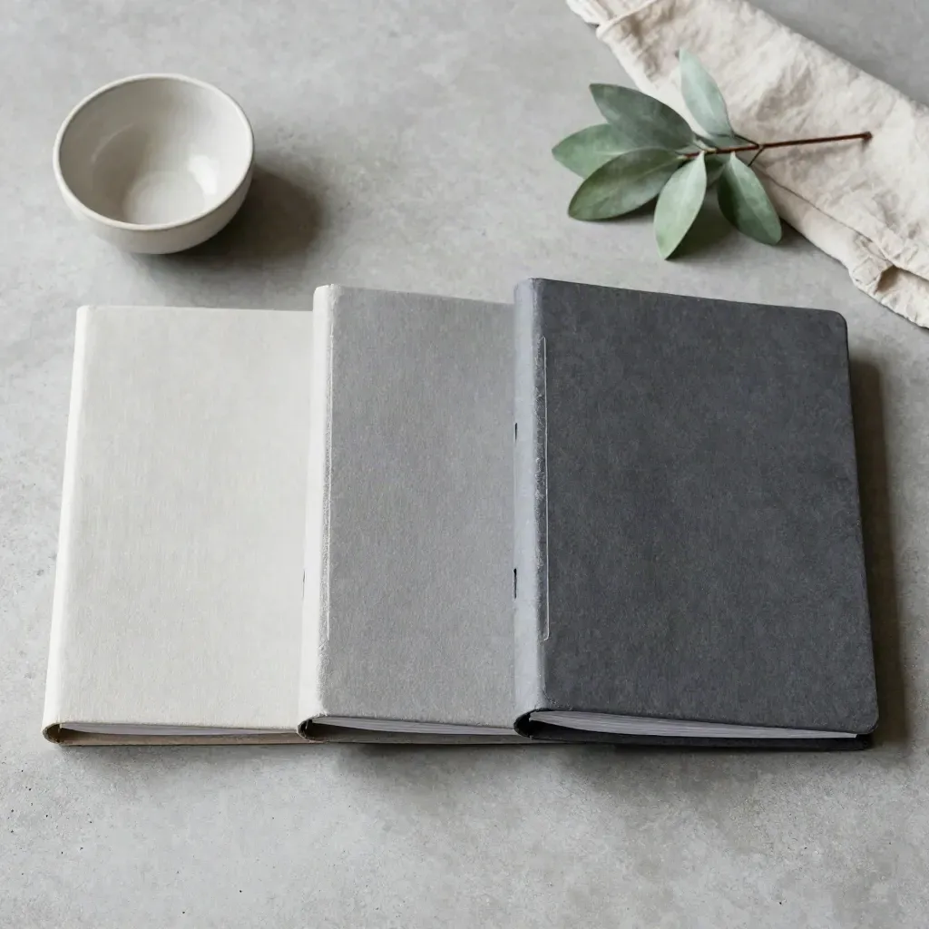 Top-down view of compliance folders, a ceramic bowl and potted leaf on concrete.